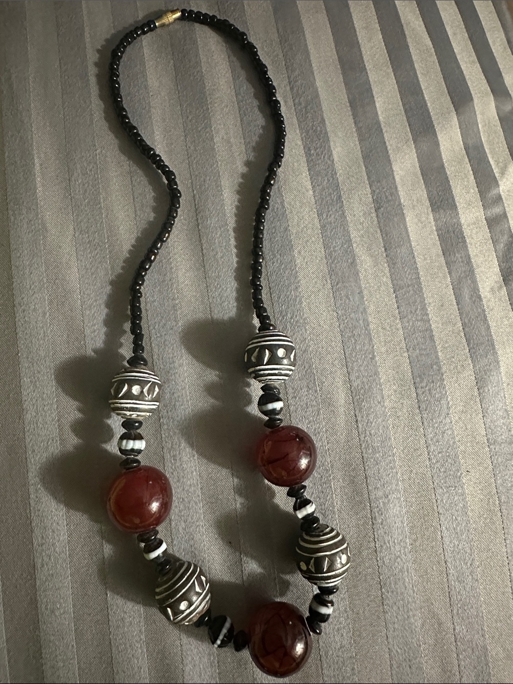 Beaded Statement Necklace in Black and Deep Brown-Red